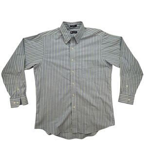 Chaps Shirt Mens Large Wrinkle Free Oxford Button Down Blue Green Stripe Classic